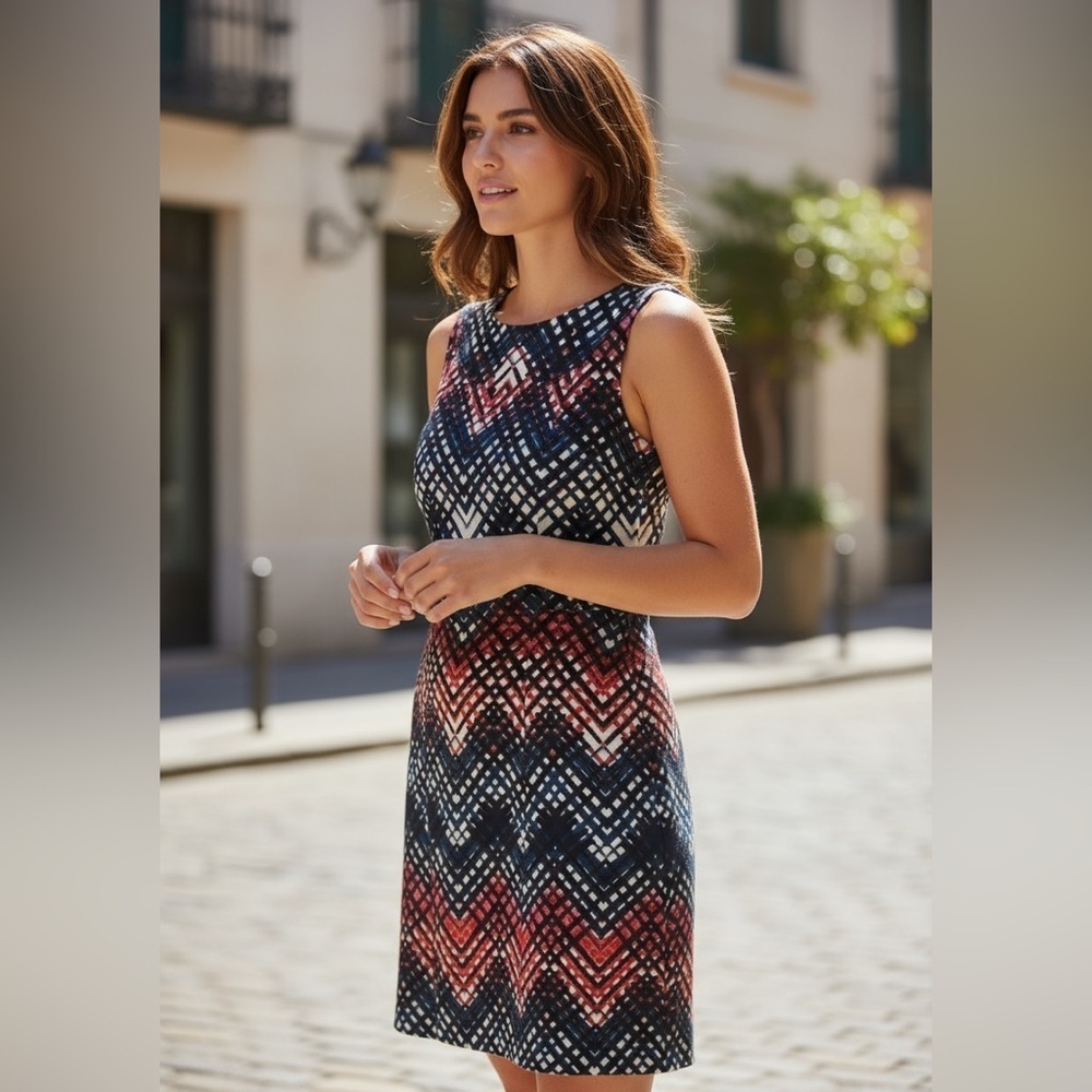 Peach Velvet Shift Dress Womens 12 Petite Chevron Sleeveless Multi Color Career